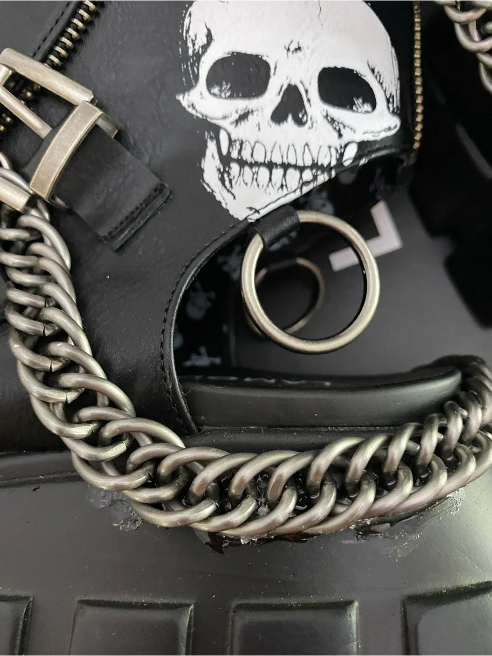 Black Platform Sandals with Skull Accent and Chain Detail